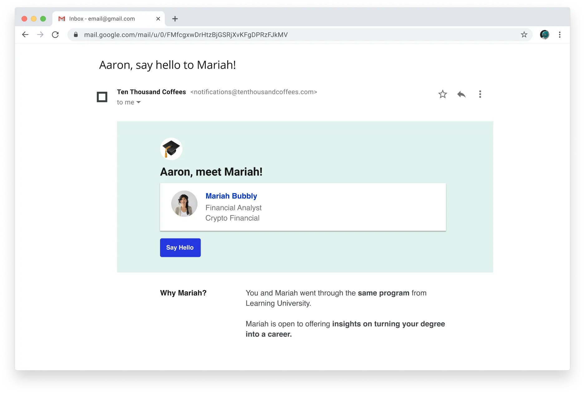 Ten Thousand Coffees intro email in Gmail: “Aaron, meet Mariah!” with a Say Hello button