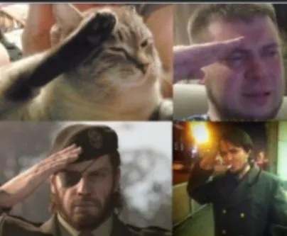 Four-panel collage of a cat, two men, and Big Boss from Metal Gear all saluting respectfully