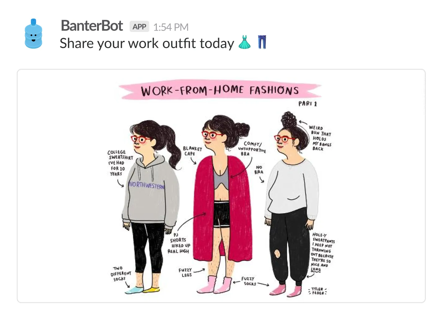 BanterBot asking a team to share their work outfit