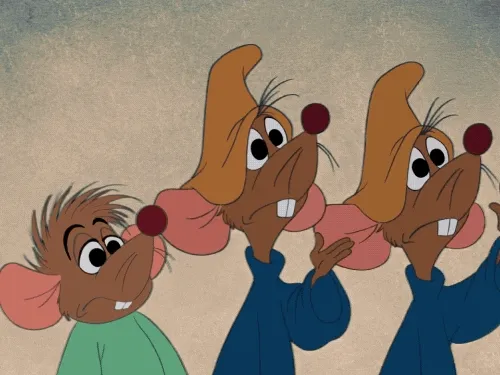 Animated gif of the mice Gus and Jaq from Cinderella shrugging and waving goodbye