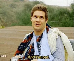Animated gif of Adam DeVine from Workaholics walking off with a bag, caption “And I’m out.”