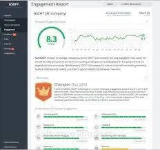 Officevibe engagement report dashboard showing an 8.3 engagement score and a Champion summary