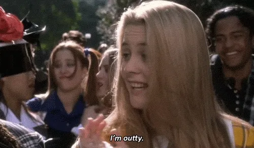 Animated gif of a person waving and heading out the door, captioned “I’m outty”