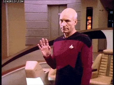 Animated gif of Captain Picard raising his hand in farewell on the Star Trek bridge
