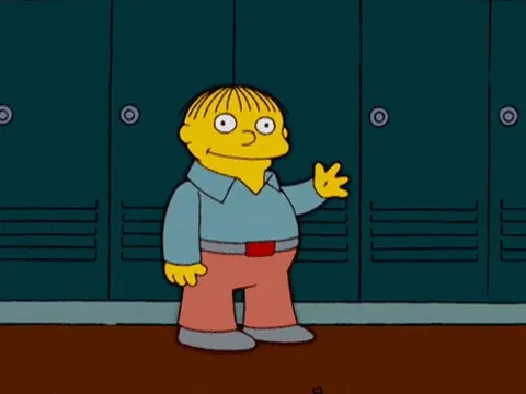 Animated gif of Ralph Wiggum from The Simpsons waving goodbye from a school bus window