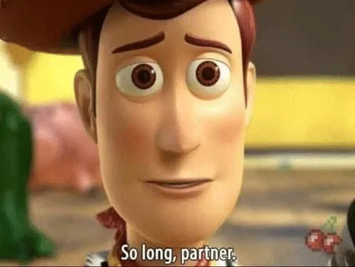 Woody from Toy Story with a wistful teary look, subtitle “So long, partner.”