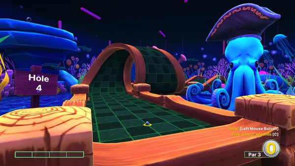 Golf With Your Friends screenshot: an underwater neon mini golf hole with a blue octopus in a pirate hat